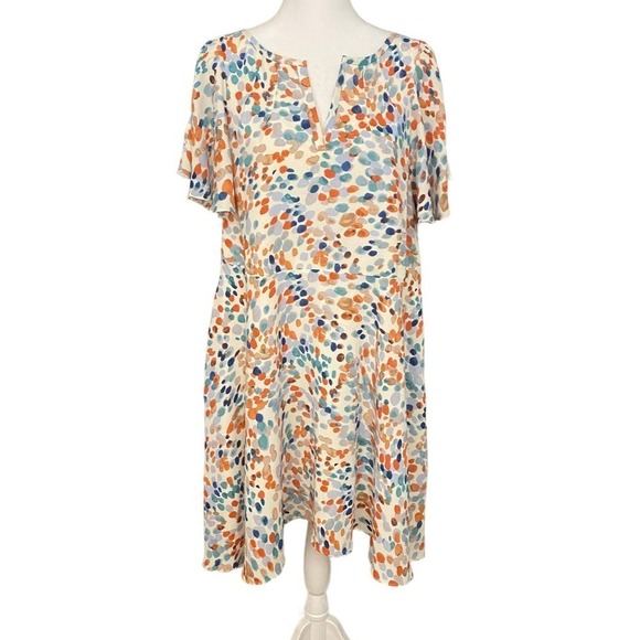Anthro Maeve Womens Multicolor Cold Shoulder V Neck Spotted Shift Dress Sz Small - Picture 3 of 10